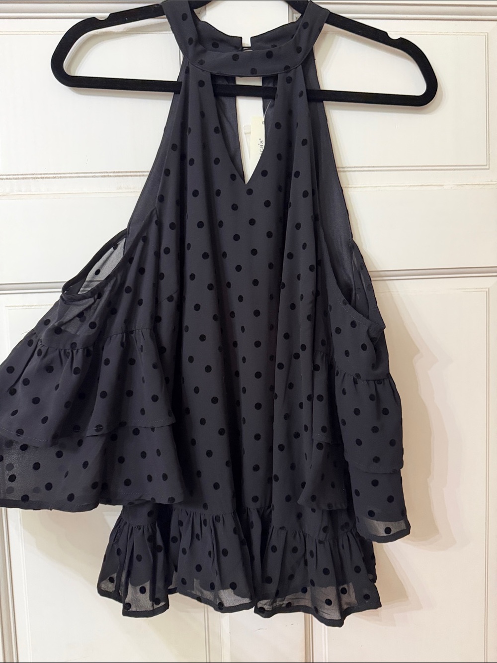 Francesca's Collections Black Polka Dot Halter Ruffle Blouse